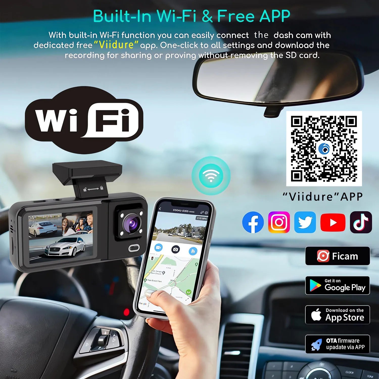 3-Camera WiFi Dash Cam 1080P – Front, Rear & Interior Recording