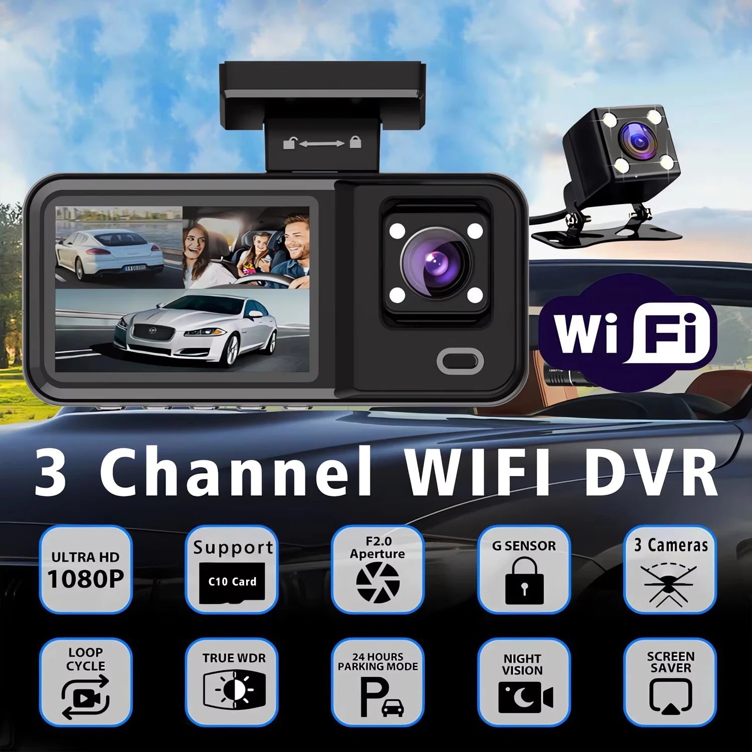 3-Camera WiFi Dash Cam 1080P – Front, Rear & Interior Recording