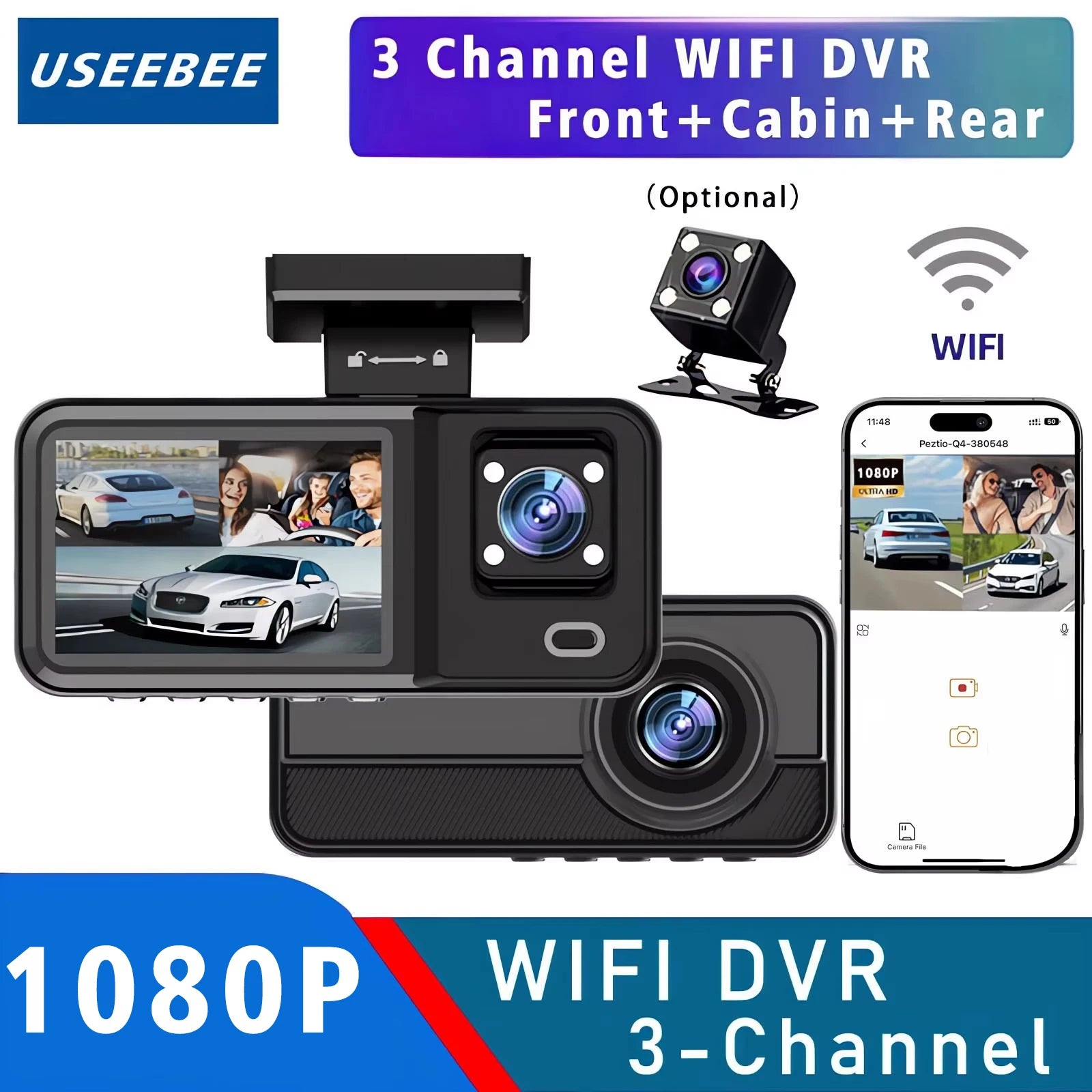 3-Camera WiFi Dash Cam 1080P – Front, Rear & Interior Recording