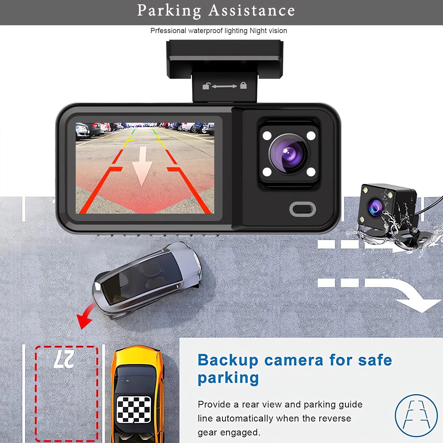 3-Camera WiFi Dash Cam 1080P – Front, Rear & Interior Recording