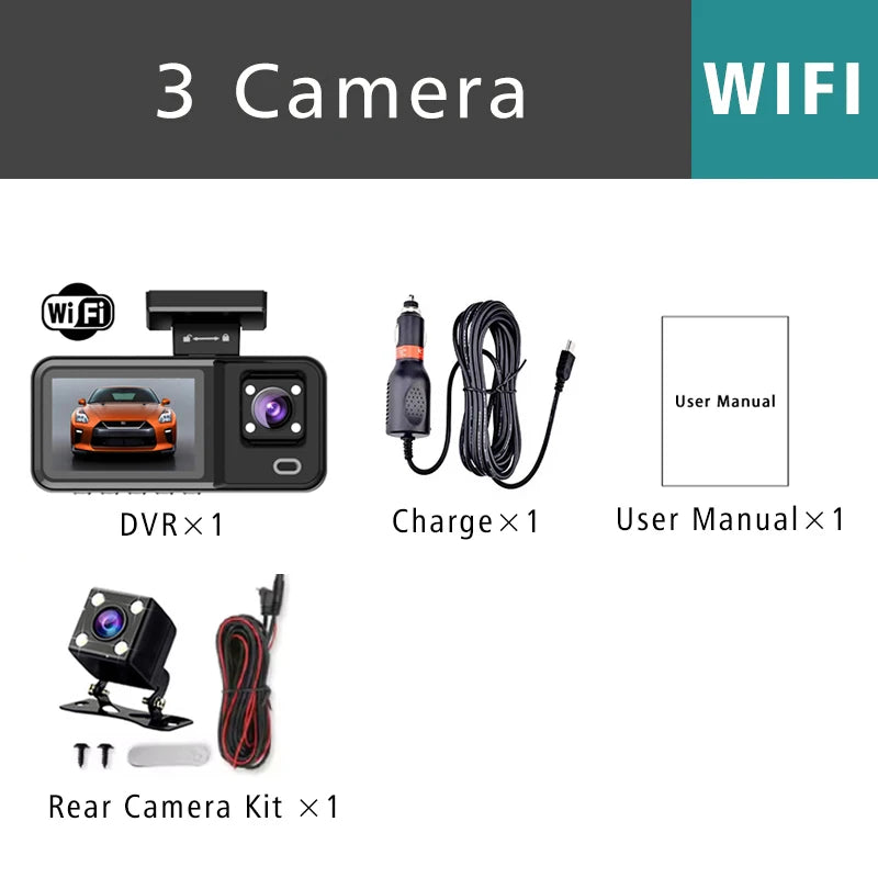 3-Camera WiFi Dash Cam 1080P – Front, Rear & Interior Recording
