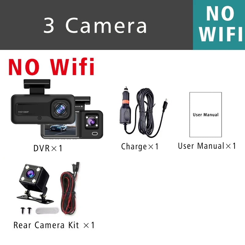 3-Camera WiFi Dash Cam 1080P – Front, Rear & Interior Recording