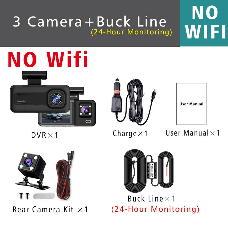 3-Camera WiFi Dash Cam 1080P – Front, Rear & Interior Recording
