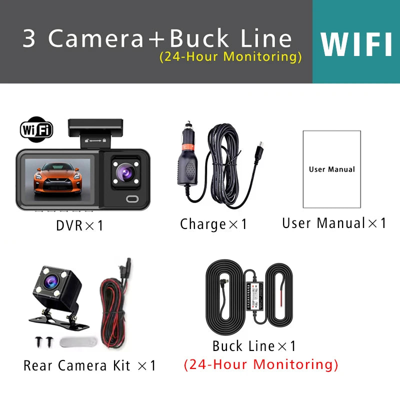 3-Camera WiFi Dash Cam 1080P – Front, Rear & Interior Recording