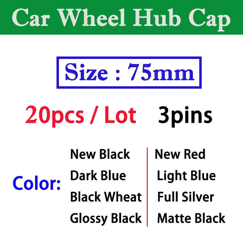 20pcs 75mm Wheel Center Hub Caps – 5 Sets, Multiple Colors