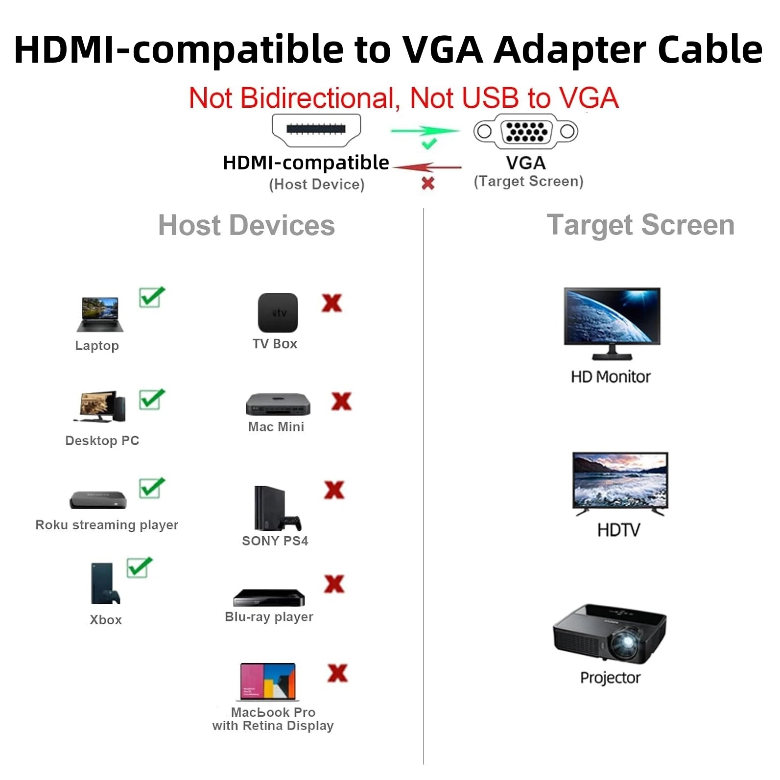 1.8m HDMI to VGA Adapter Cable – 1080P Full HD, Plug & Play